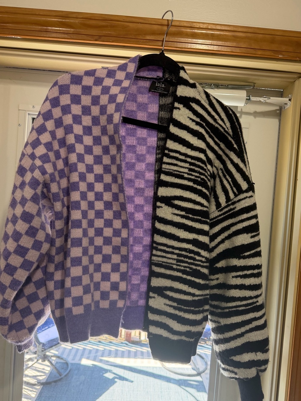 Dressed in Lala Two-Tone Lavender Checker & Black Zebra Knit Cardigan